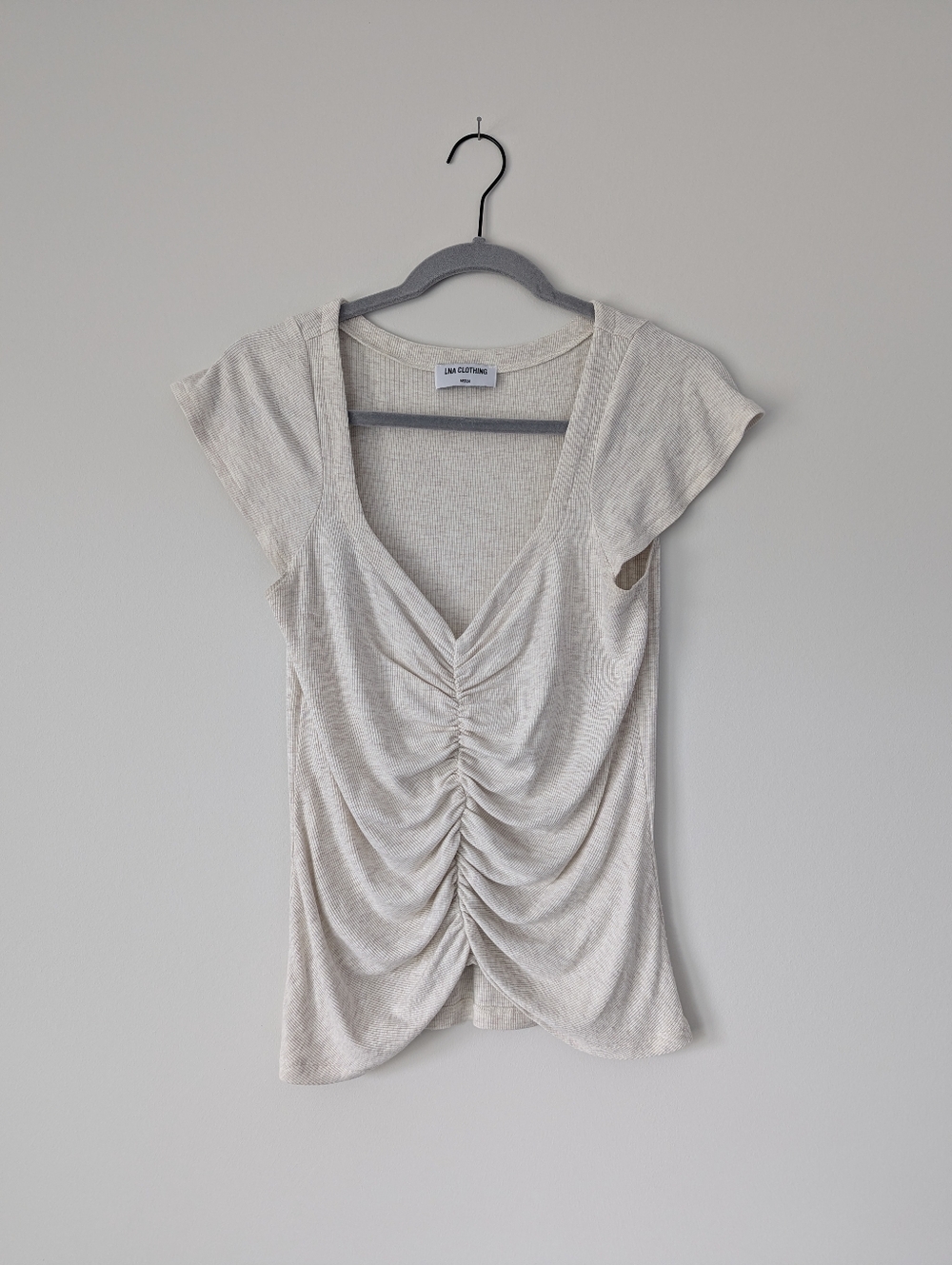 LNA Clothing Ruched Ribbed Knit Deep V-Neck Tee Cap Sleeve Slimming Evereve